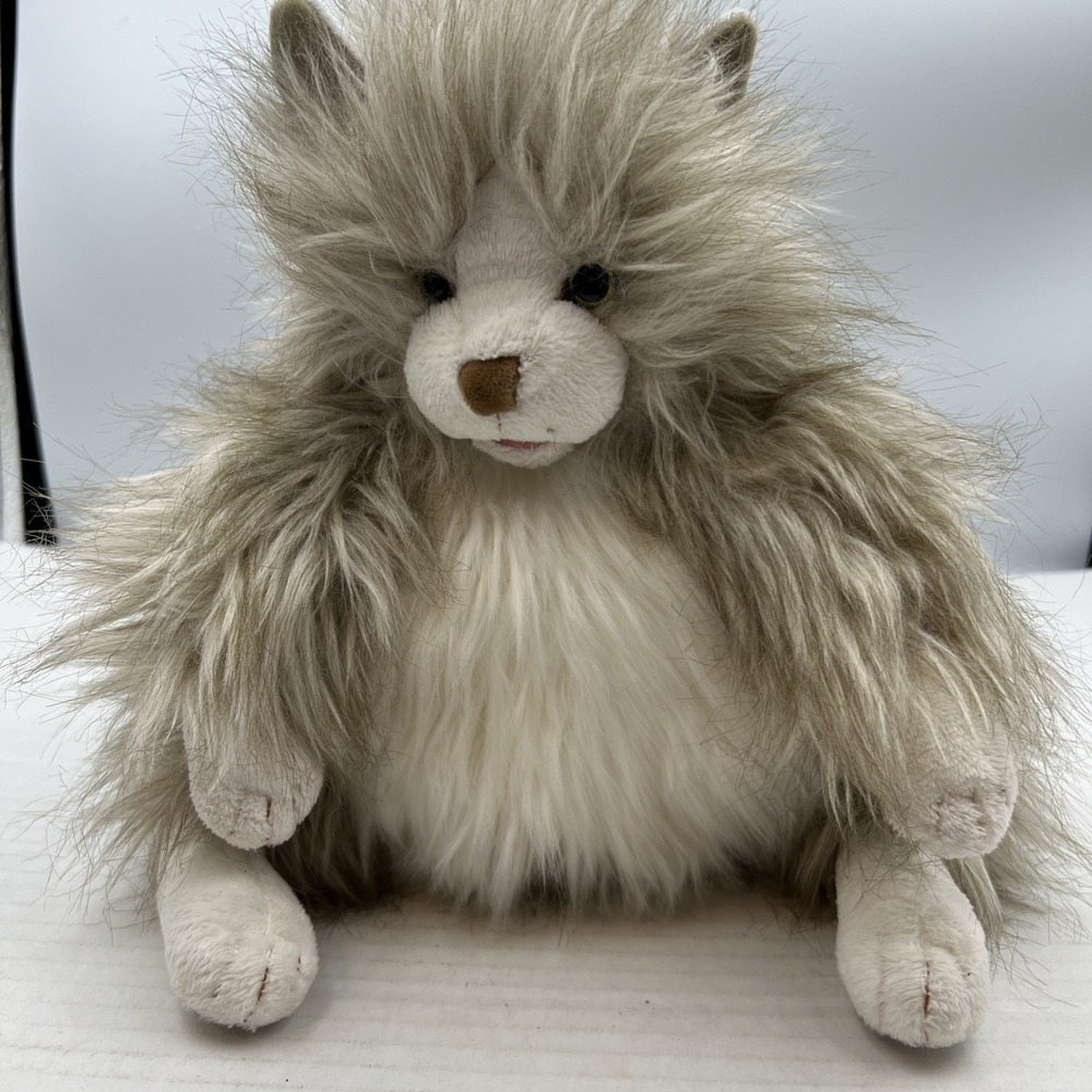 Folkmanis Fluffy Cat Plush Hand Puppet Gray Long Hair‎ Full Body Moveable Mouth